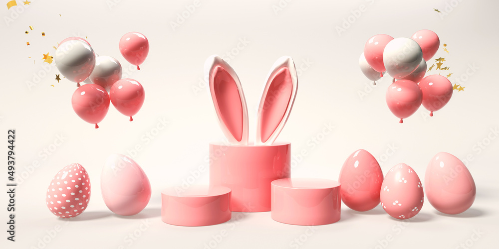 带有装饰和兔子耳朵的复活节假期主题-3d渲染