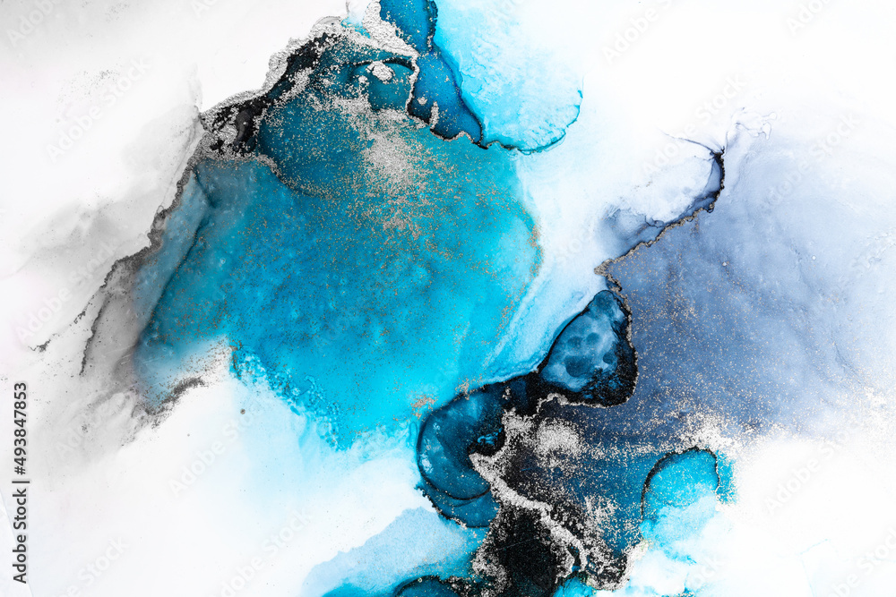 Blue silver abstract background of marble liquid ink art painting on paper . Image of original artwo