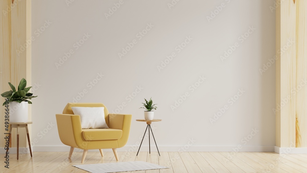 Modern minimalist interior with an yellow armchair on empty white wall background.