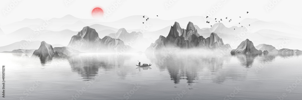 中式水墨山水背景图