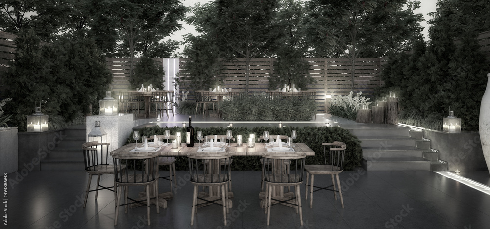 花园餐厅-全景黑白3d可视化
