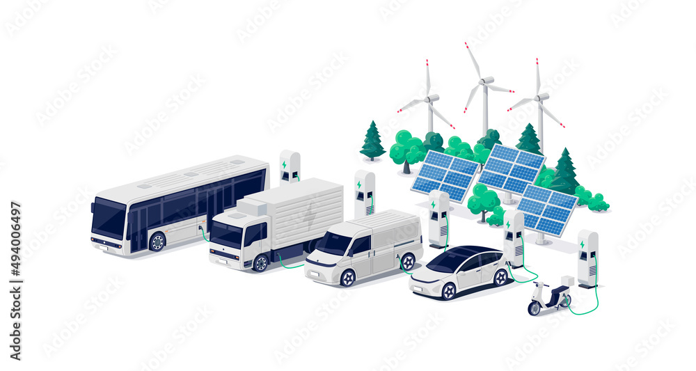公司电动汽车车队在停车场充电，设有快速充电站和多个充电站