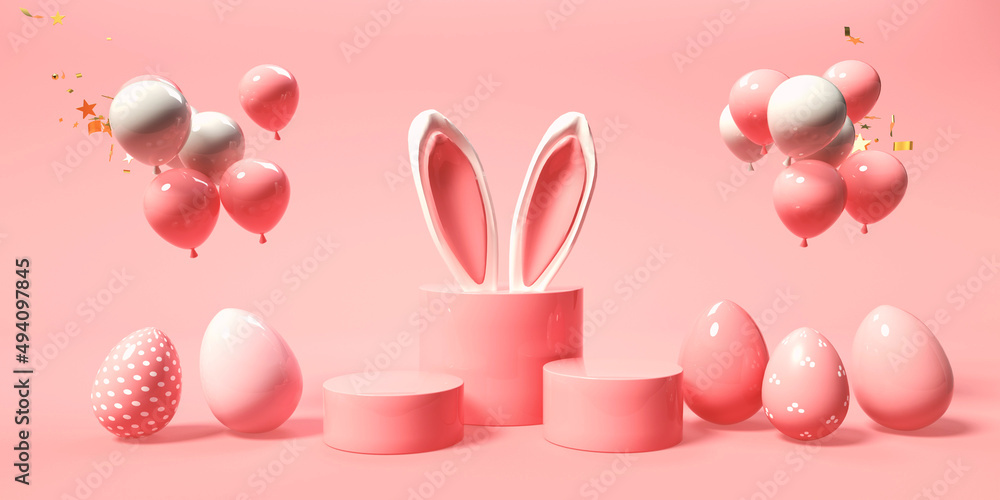 带装饰和兔子耳朵的复活节假期主题-三维渲染