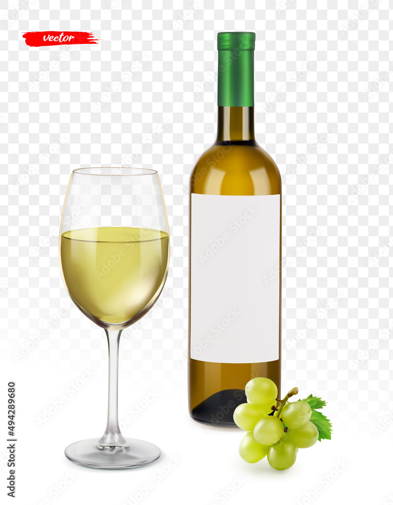 葡萄酒瓶与玻璃和葡萄隔离。实物模型为您的设计。