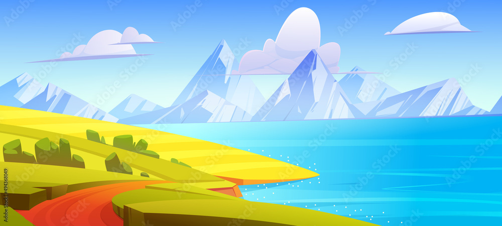 地平线上有绿色田野、湖泊和山脉的夏季景观。co的矢量卡通插图