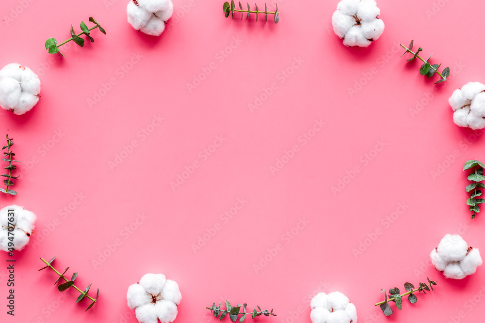 粉色桌子上的花框，上面有桉树的树枝和棉花。平躺，俯视图，复制空间