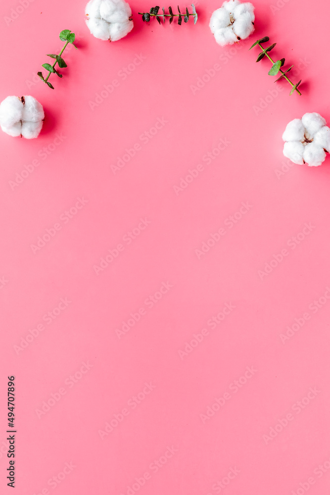 粉色背景上的花朵与绿色桉树树枝和干燥的棉花花朵接壤，俯视水疗中心