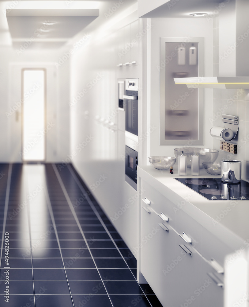 Moderne Einbauküche in Weiß - 3D Visualisierung