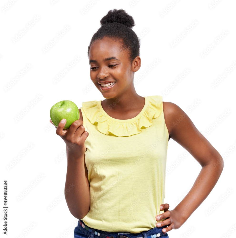苹果准备被吃掉。一个年轻的非裔美国女孩拿着一个隔离在白色上的苹果的镜头。