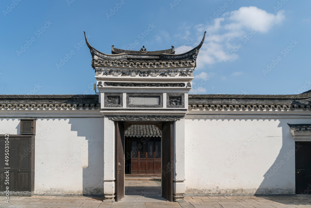 中式建筑围墙街景