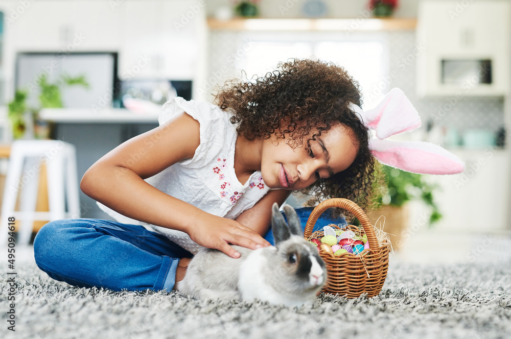 今天和一些特别的兔子一起度过。一个小女孩在家里和一只兔子玩耍的镜头。