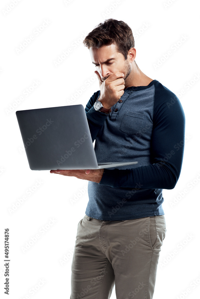 你是怎么解决这个问题的。一个英俊的年轻人用笔记本电脑拍摄的工作室照片，看起来很困惑。