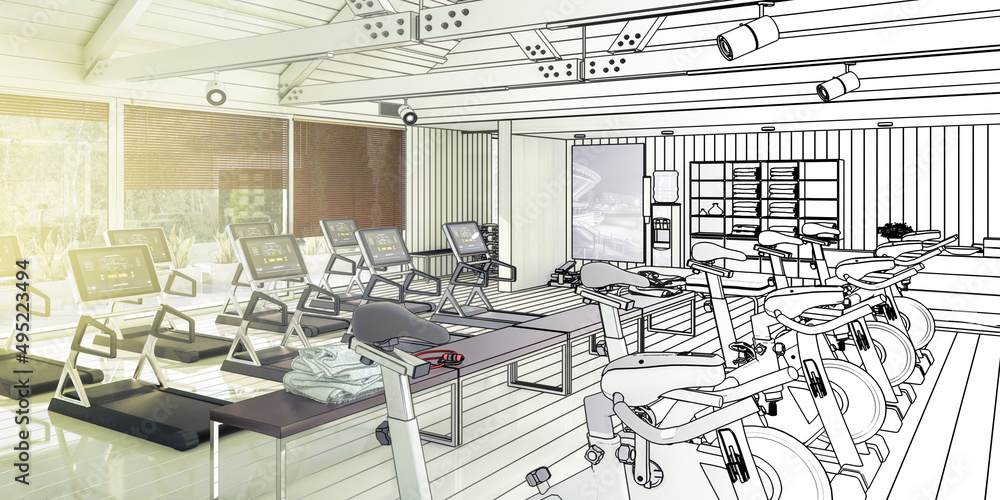 健身房内的跑步机和自行车（项目）-全景三维可视化