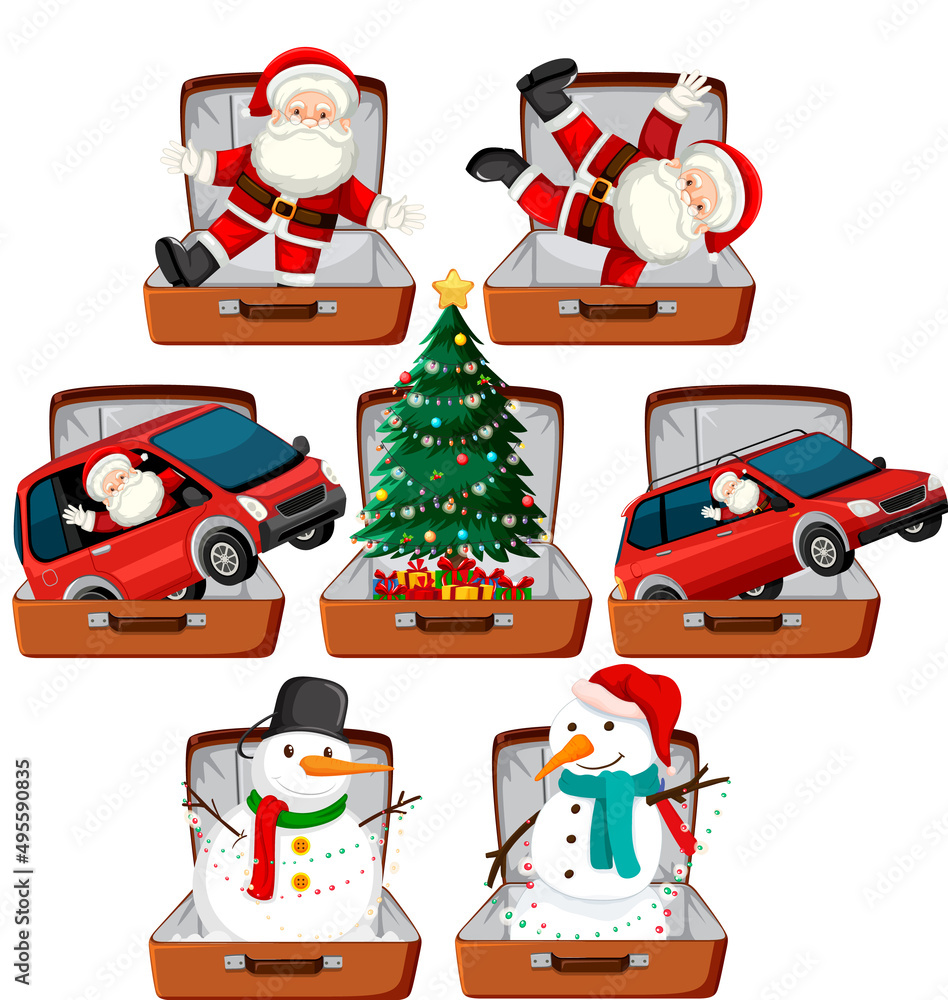 一套圣诞主题，圣诞老人、雪人、行李里的圣诞树