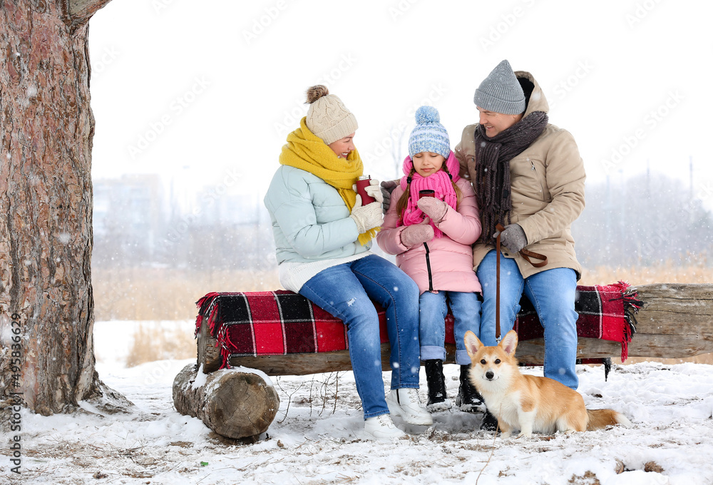 下雪的冬日，公园里的小女孩、她的爷爷奶奶带着保温瓶和柯基犬