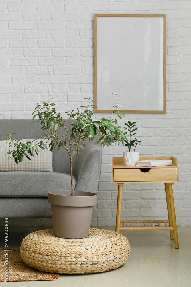 室内白色砖墙附近的沙发、室内植物和桌子