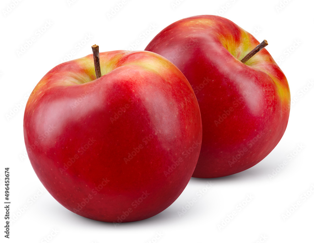 Apple on white background. Two red apples with yellow side isolated. Red appl with clipping path. Fu