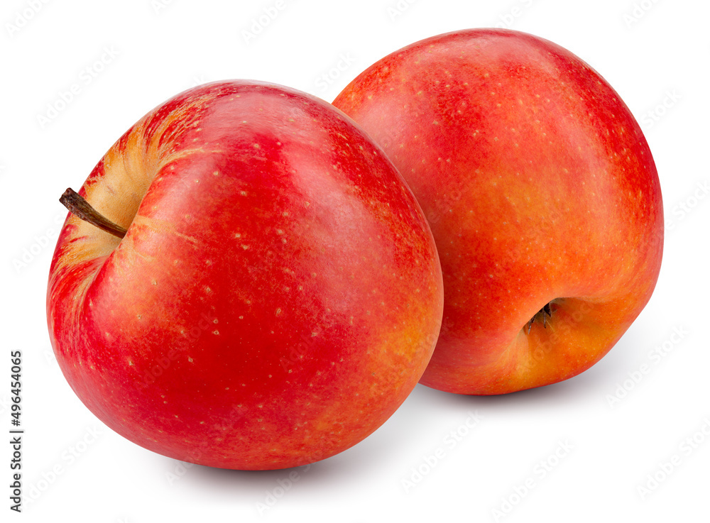 分离出黄色侧面的红色苹果。白色背景上的两个苹果。红色苹果，带修剪路径。Fu