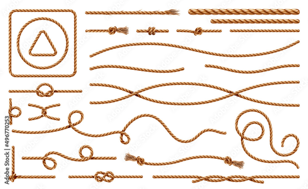 纤维材料制成的线和绳索、绳索和结。矢量逼真卡通，生长纺织品