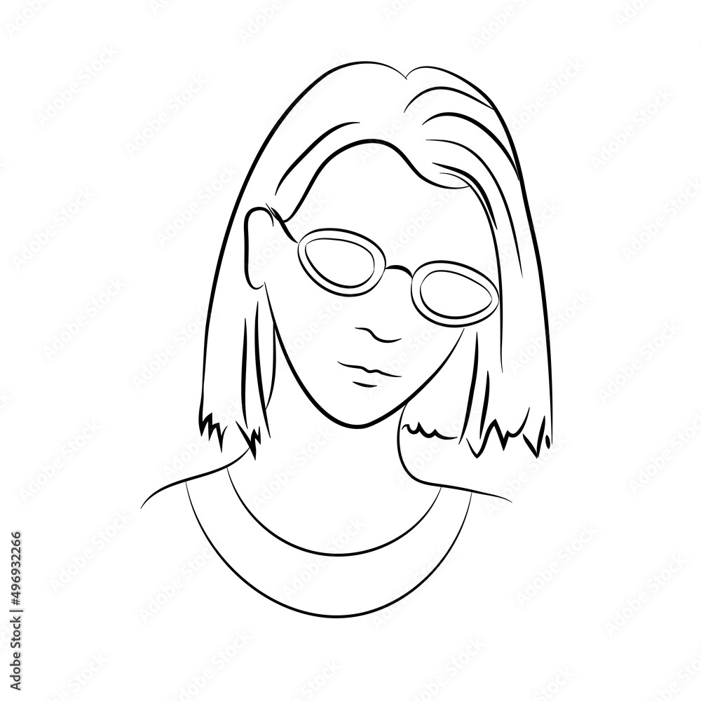 Line portrait of an attractive smart girl with beautiful glasses and short hair. Isolated on a white