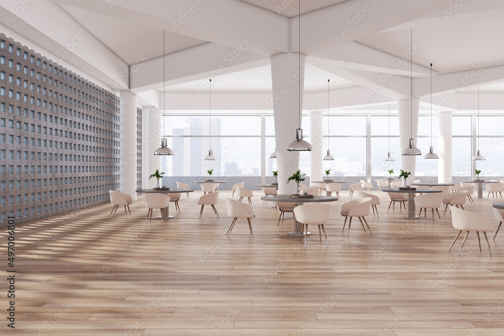 现代宽敞的混凝土餐厅内部，木地板，城市全景，桌子