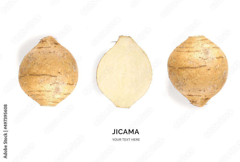 白色背景下的jicama创意布局。平面布局。食物概念。