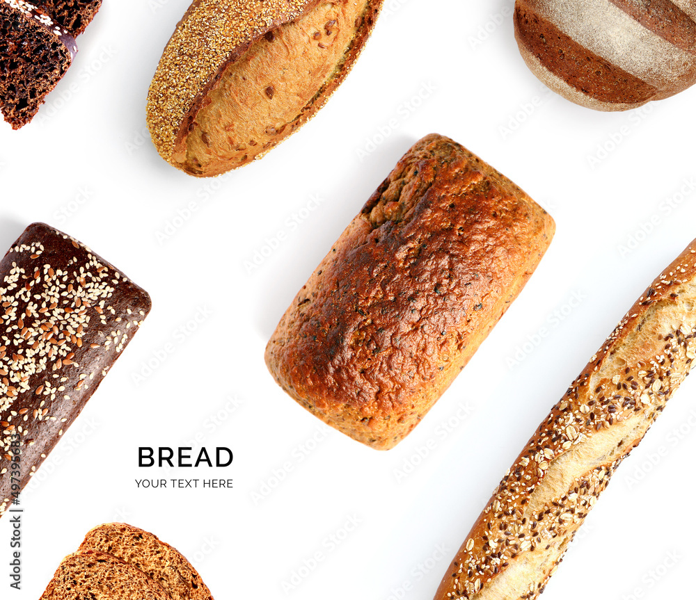 在白色背景上用不同的面包制作的创意布局。平面布局。食物概念。