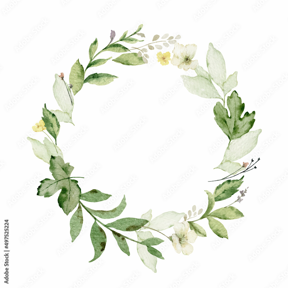 Watercolor vector wreath with green forest foliage and flowers.