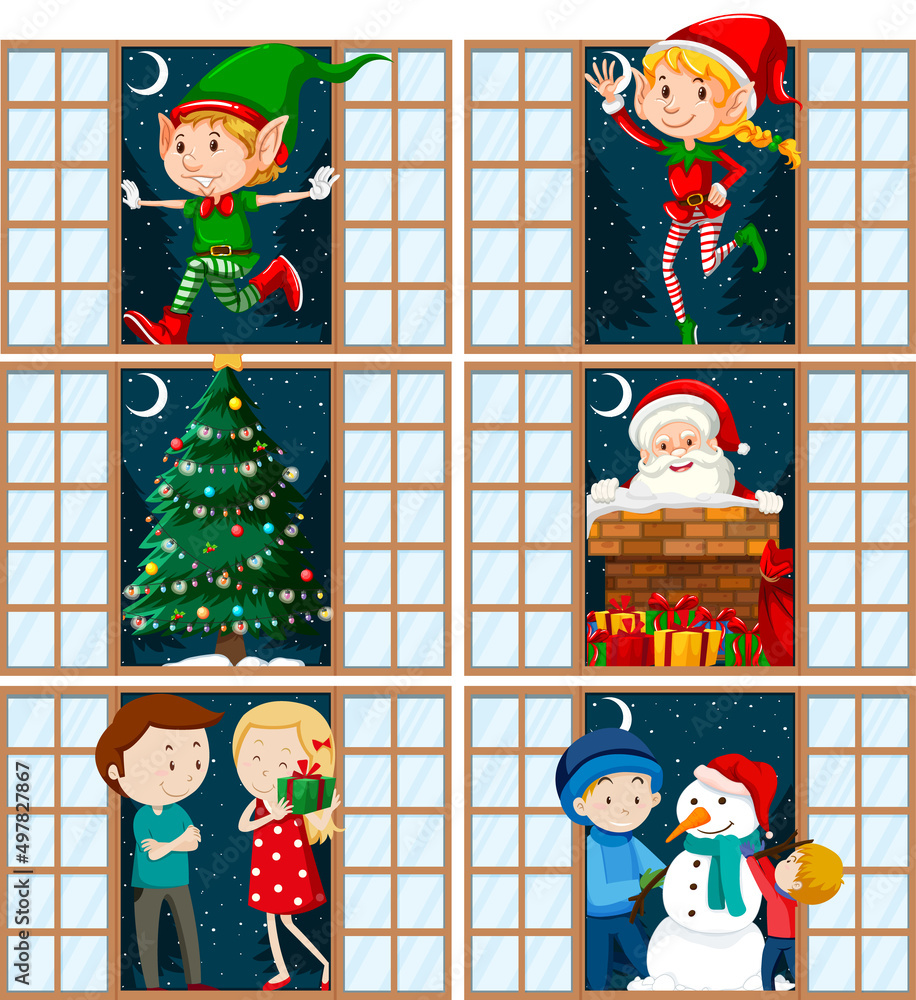 圣诞主题小精灵、圣诞老人、雪人和门口的家人