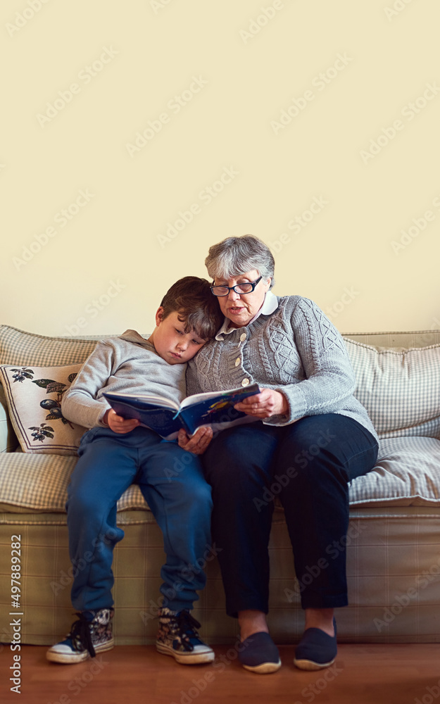 这是他们最喜欢一起阅读的书。一位祖母在家给孙子看书的照片