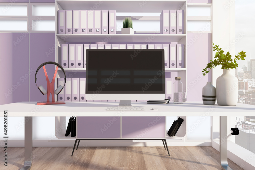 室内现代设计师办公桌，配有书架、实体电脑显示器和其他装饰