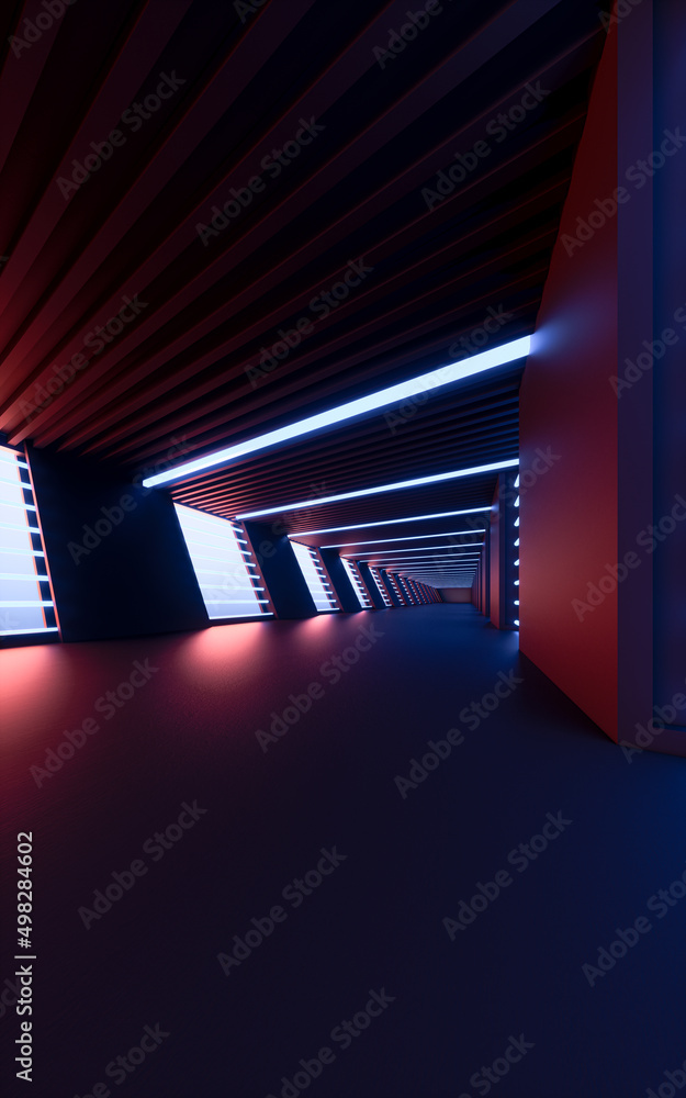 黑暗隧道，未来主义概念，三维渲染。