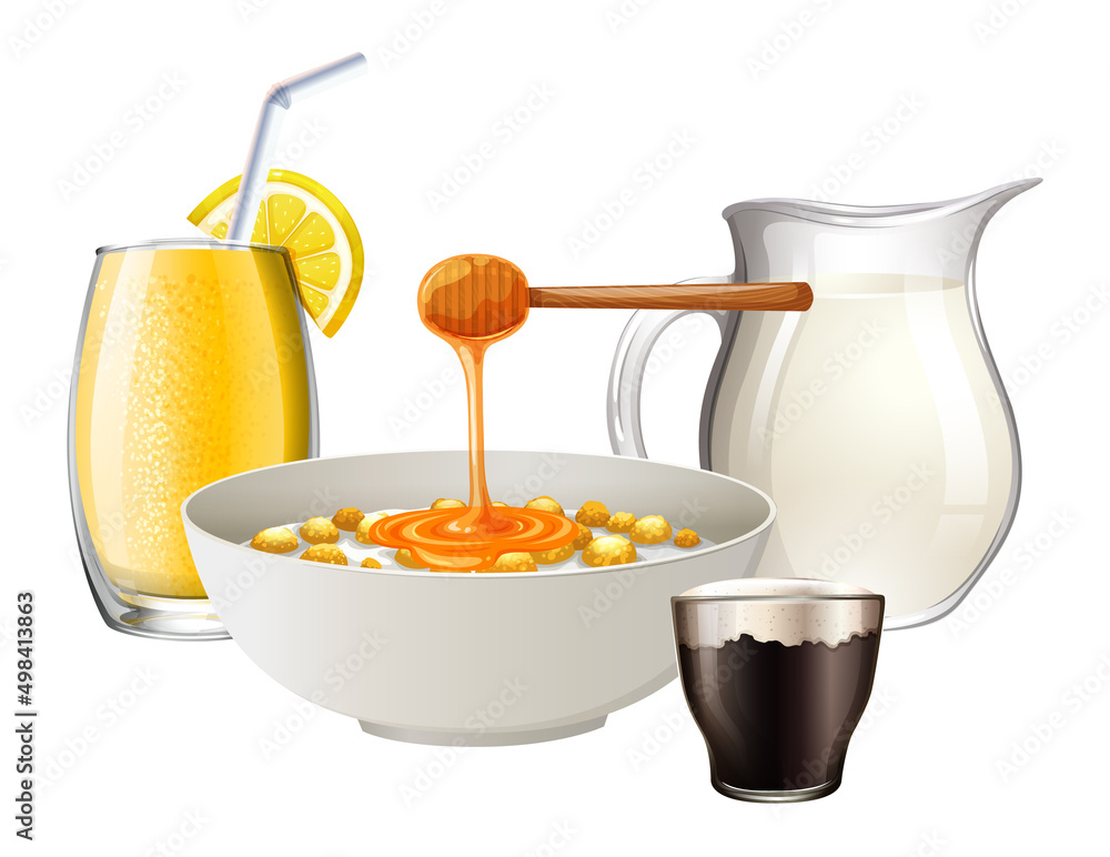 早餐套餐含麦片、果汁和牛奶