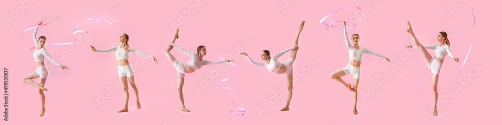 一组漂亮的年轻女子用粉色背景的缎带做体操