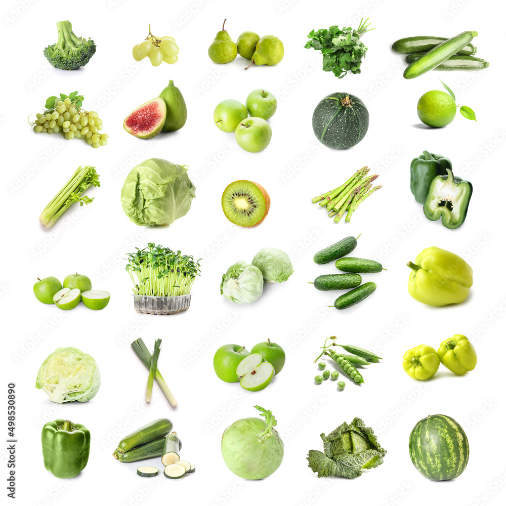 一套不同的绿色水果和蔬菜在白色上隔离