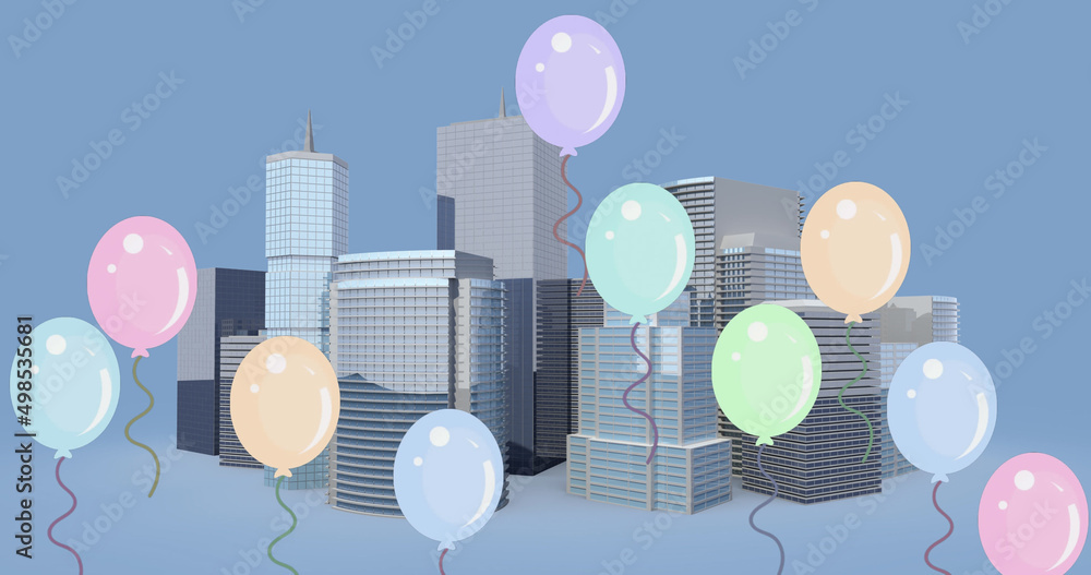 蓝色背景下漂浮在三维高层建筑模型上的多个气球的数字图像
