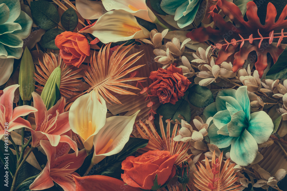 花卉和树叶制成的创意图案平铺概念自然花卉贺卡彩色sp
