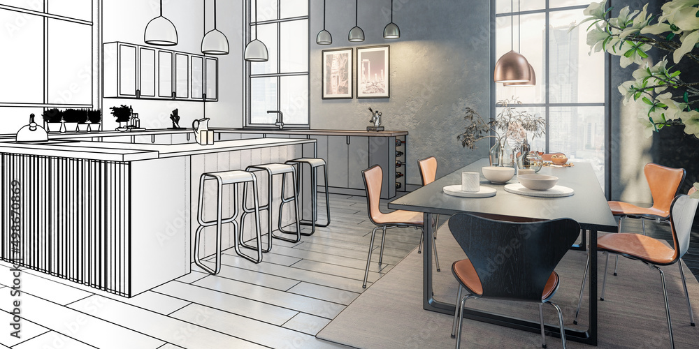 现代时尚全景阁楼公寓内的家具（项目）-全景3D可视化