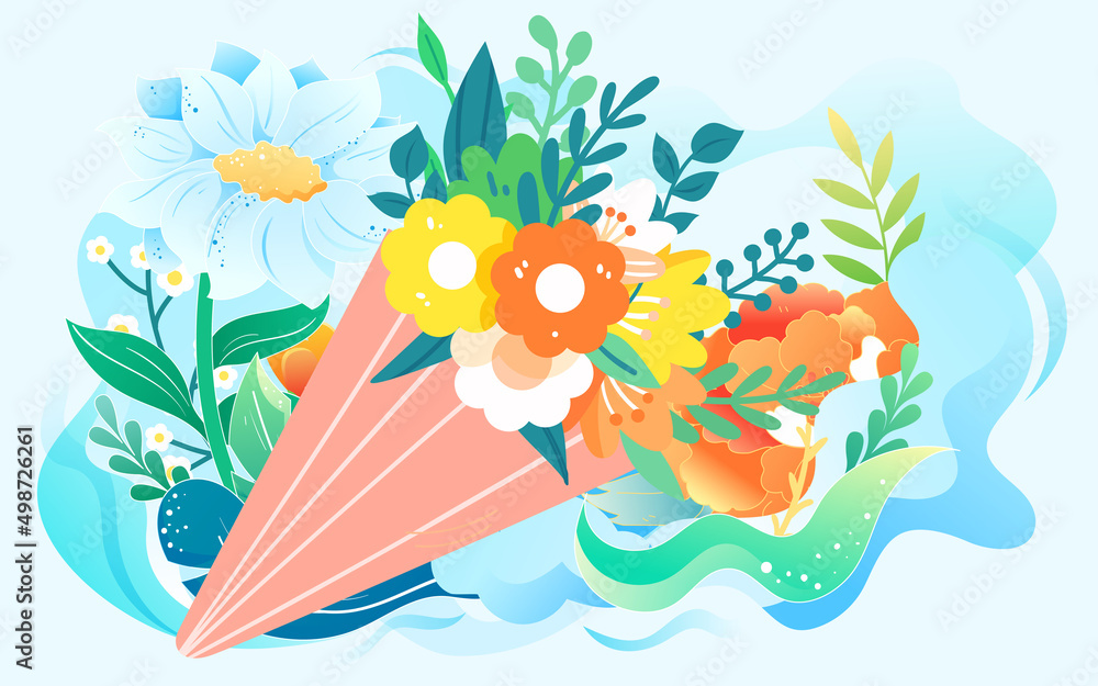 Mothers day girl hugs her mother with various plants and flowers in the background, vector illustra