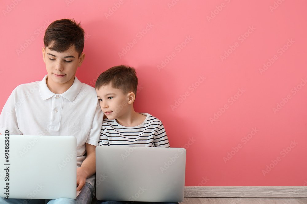 可爱的兄弟，彩色背景上有笔记本电脑