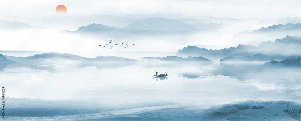 Background illustration of Chinese wind blue artistic conception landscape painting
