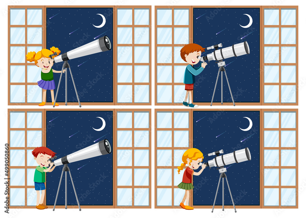 一群不同的孩子用望远镜观察夜空