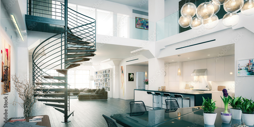 带螺旋楼梯和家具的现代Mansarde公寓-全景三维可视化