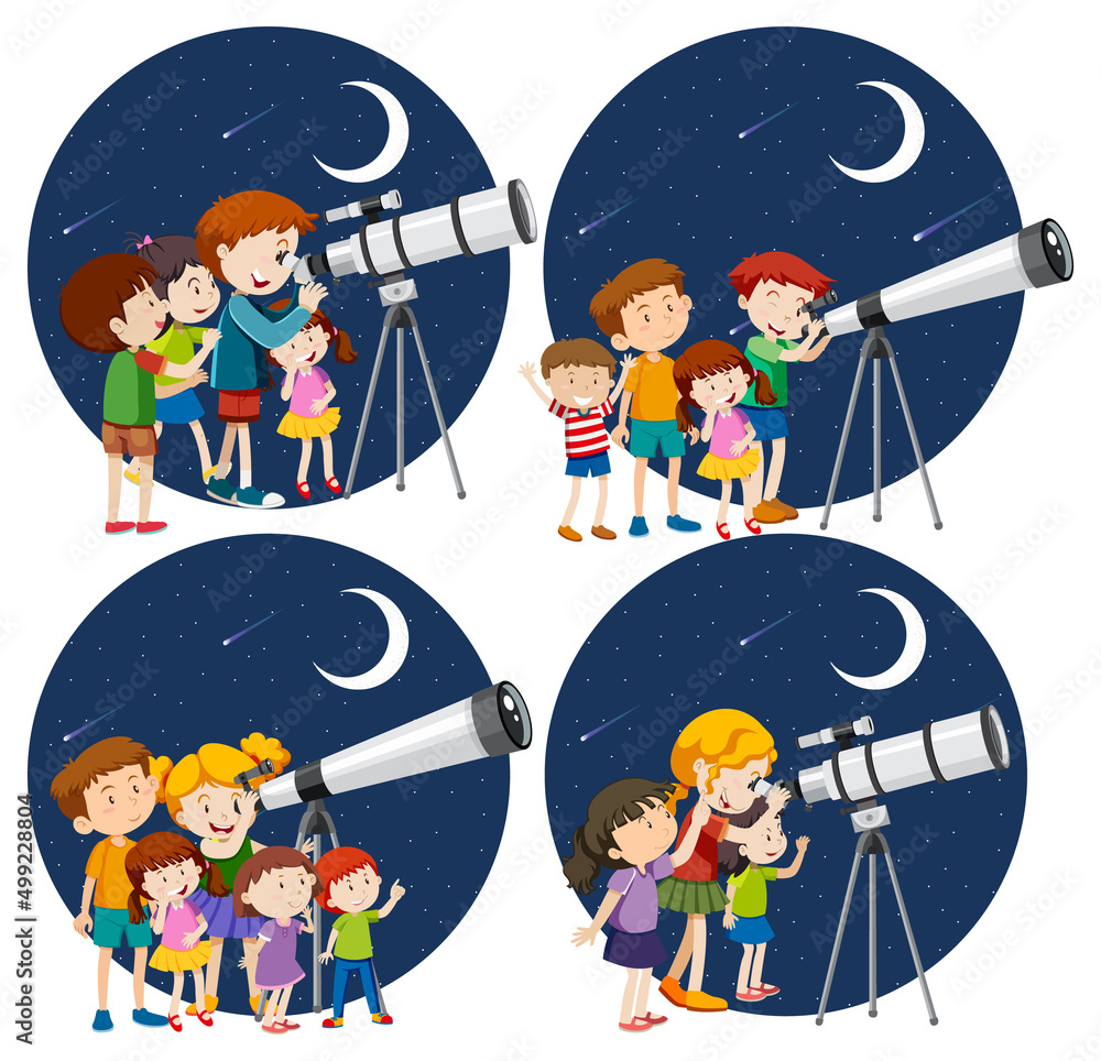 一群不同的孩子在晚上通过望远镜观看