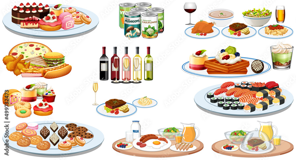 Set of different foods and beverages
