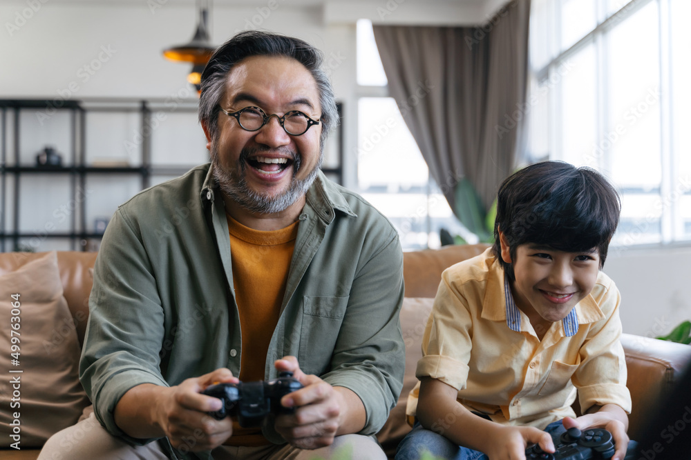 儿子和爸爸在家玩电子游戏