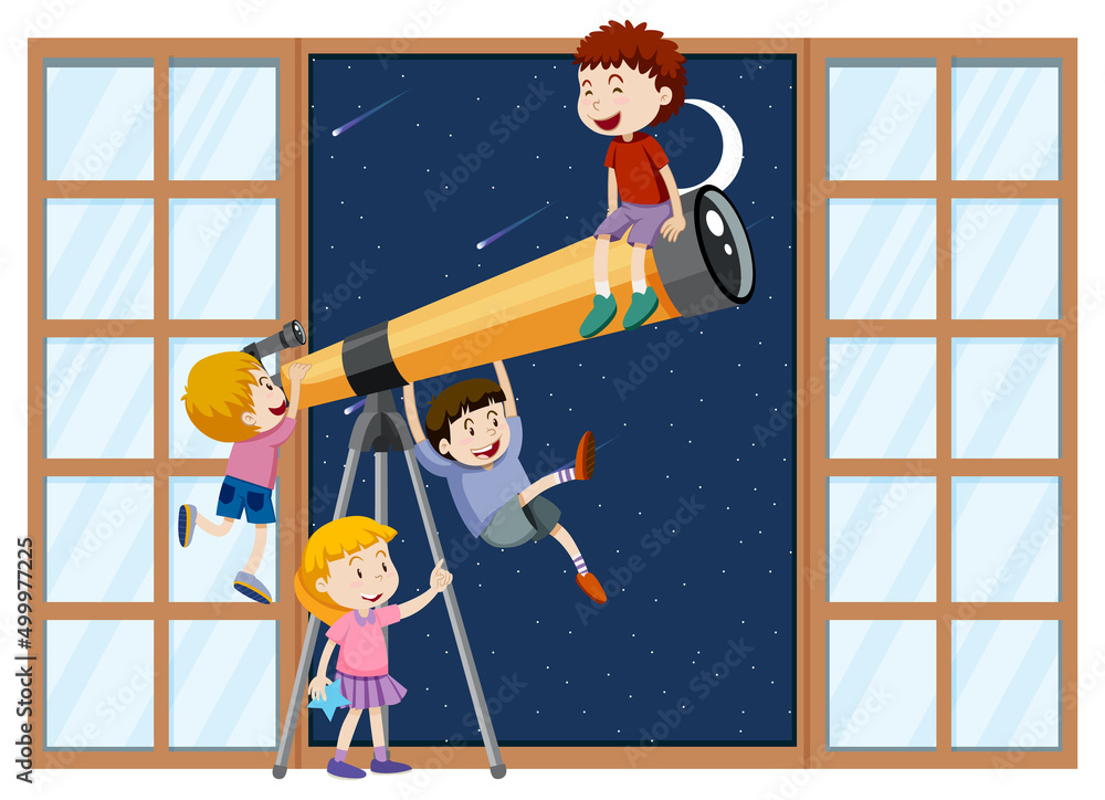 快乐的孩子用望远镜观察夜空