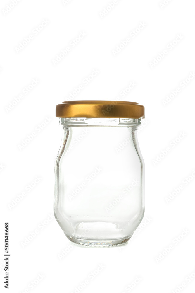 白色背景上隔离的金黄色玻璃罐
