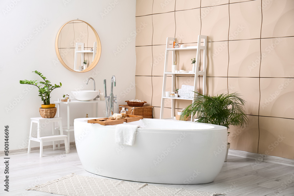带镜子、室内植物和浴缸的现代浴室内部