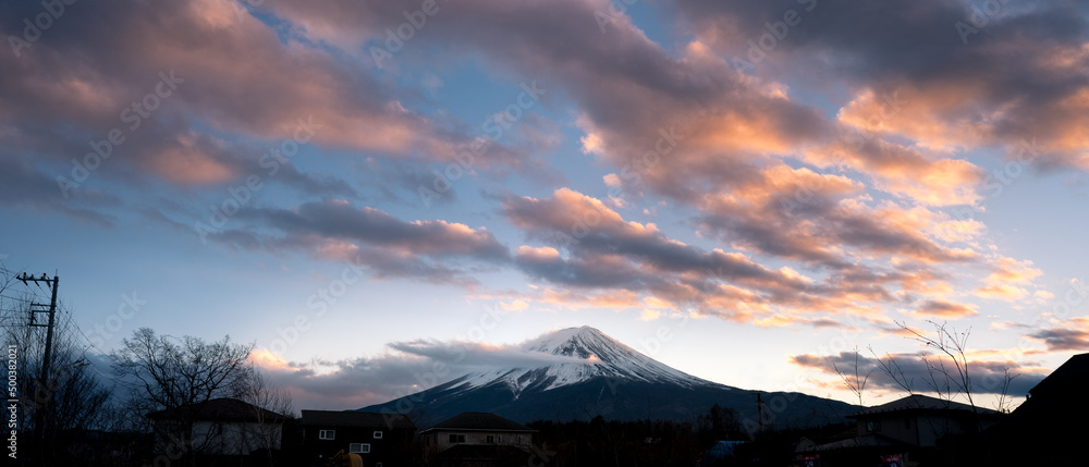 Fiery evening sky and Mount Fuji